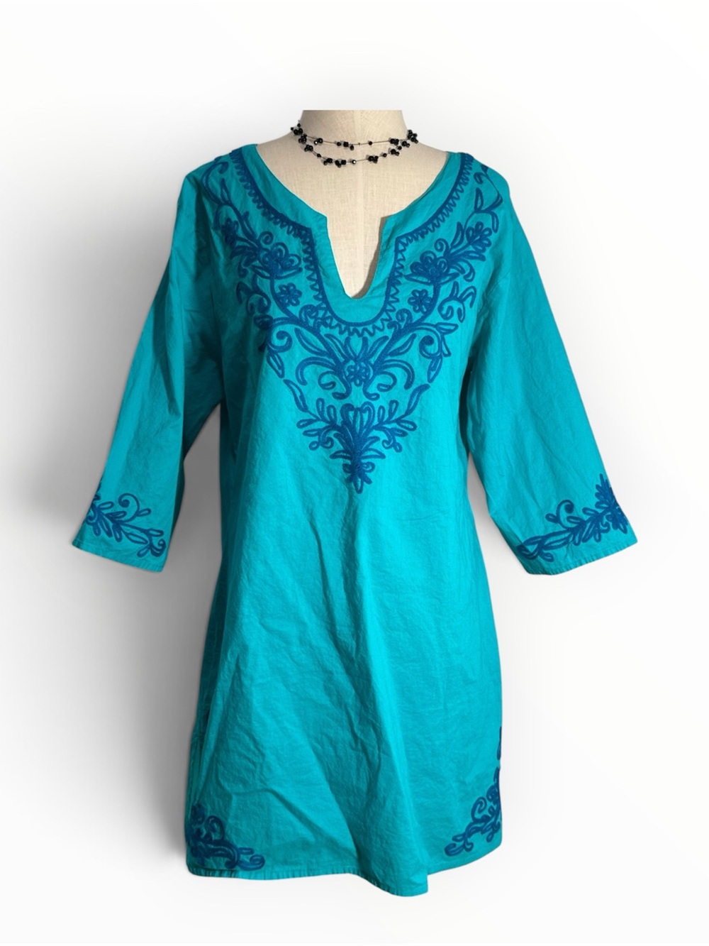 Cotton Candy Boho Embroidered Teal Cotton Tunic Top 3/4 Sleeve India Medium